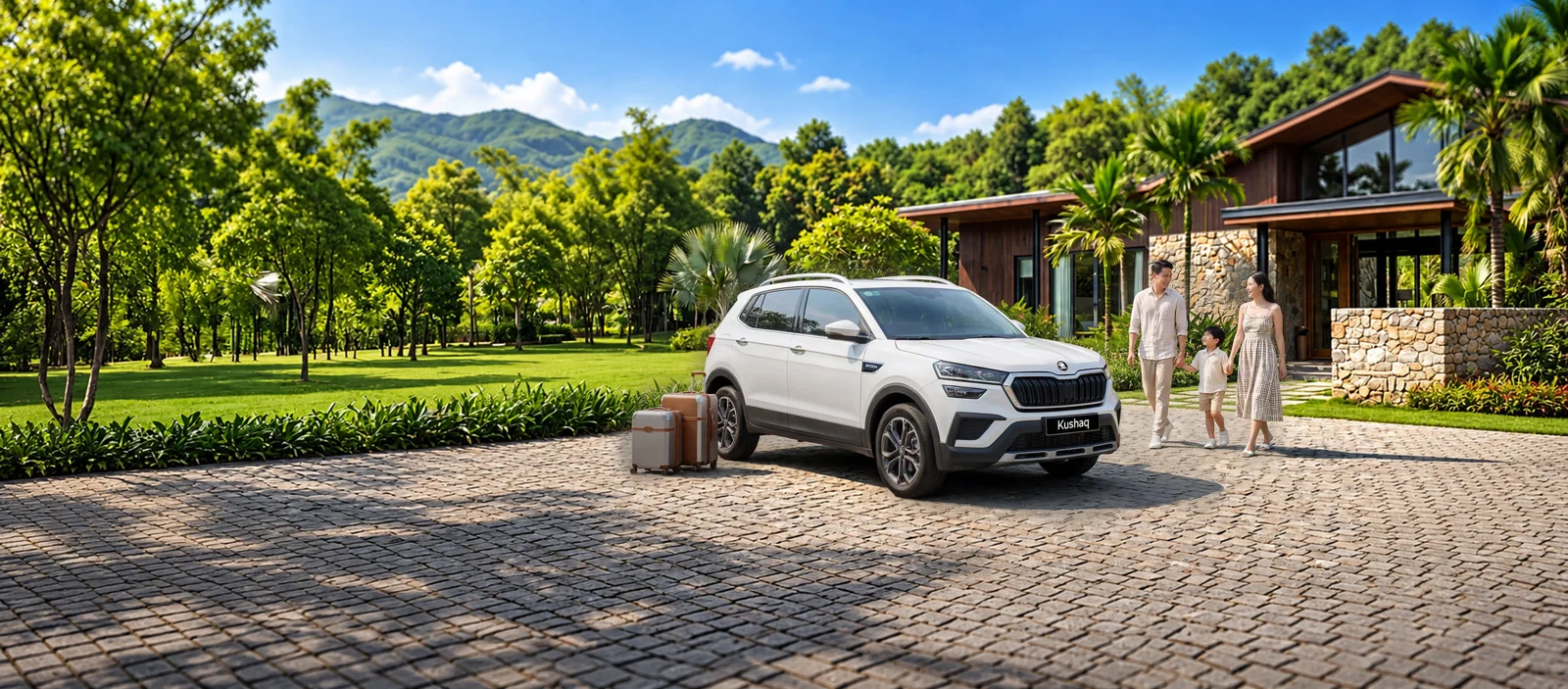 Škoda Kushaq và gia đình trước khu nghỉ dưỡng